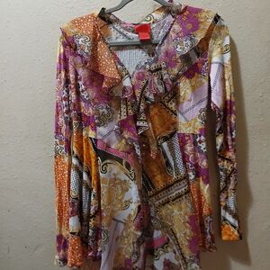 V Cristina Vibrant Patchwork Blouse Long Sleeve Ruffle With 10 Rhinestone Button